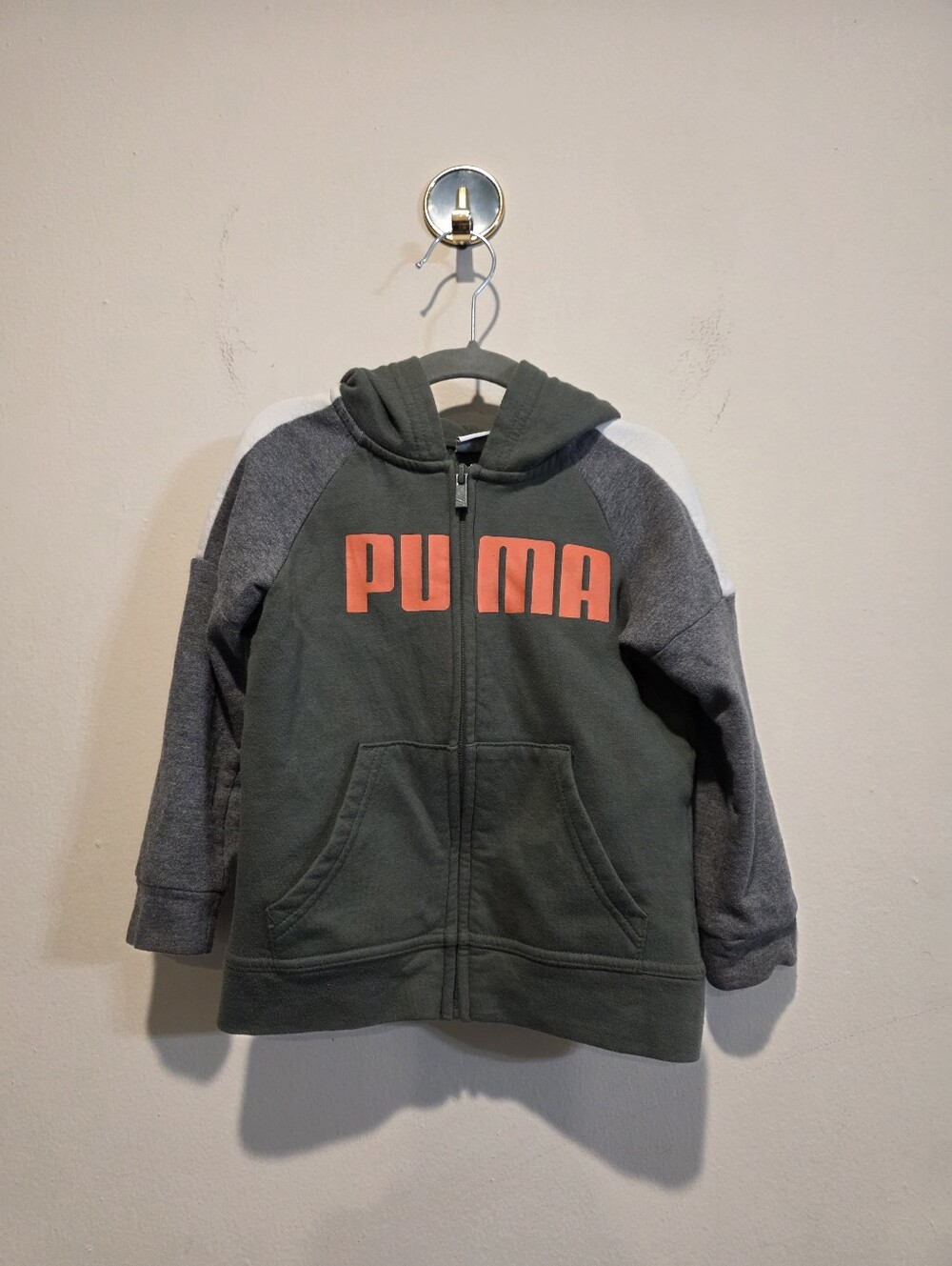 Puma Olive Green Kids Zip-Up Hoodie with Coral Logo and Gray Sleeves
